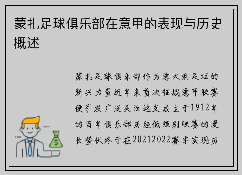 蒙扎足球俱乐部在意甲的表现与历史概述