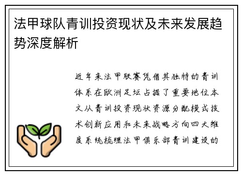 法甲球队青训投资现状及未来发展趋势深度解析